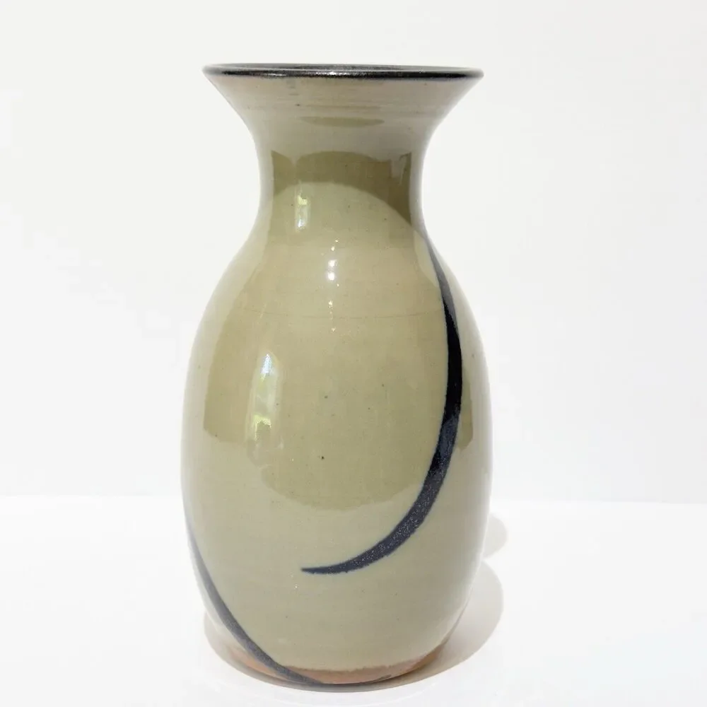 Hand Thrown Art Pottery Vase Green Black Iridescent Design Artist Signed 6.75